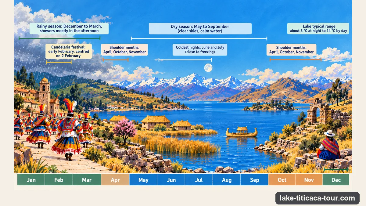 Infographic: a year at Lake Titicaca, with the dry season from May to September, the coldest nights in June and July, the rains from December to March and the Candelaria festival in early February
