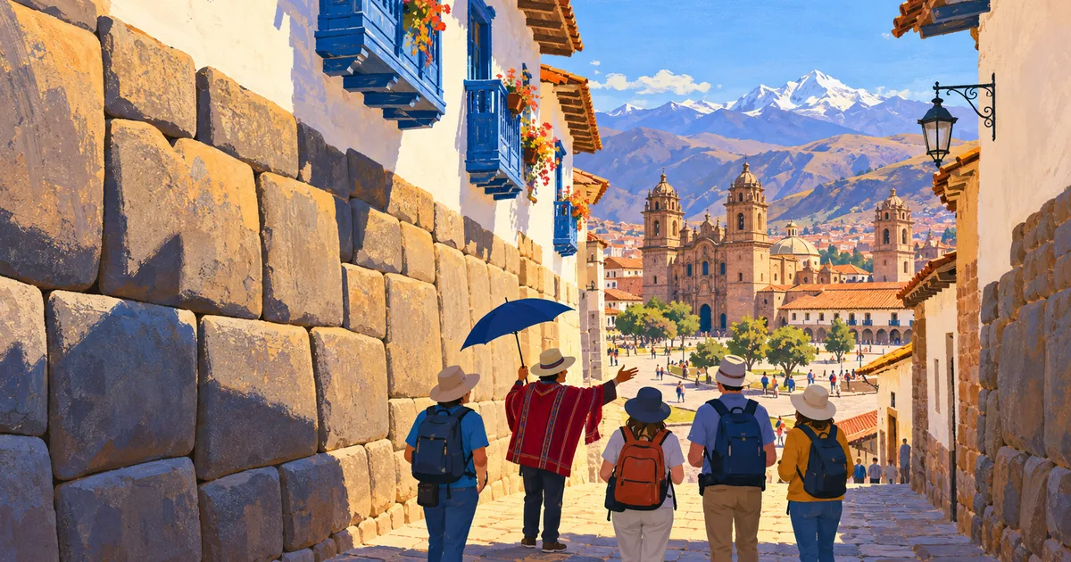Small group on a free walking tour of the historic centre, Cusco