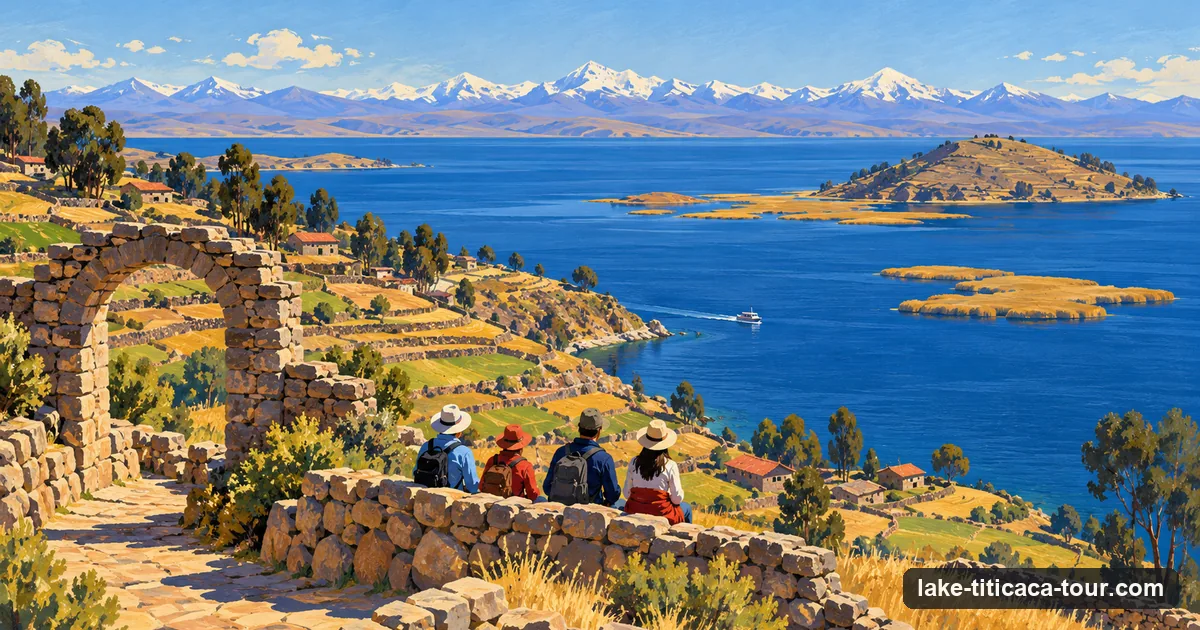 Illustration of Taquile island's stone paths and terraces above the deep blue lake, with the Uros reed islands far off and snow peaks on the horizon
