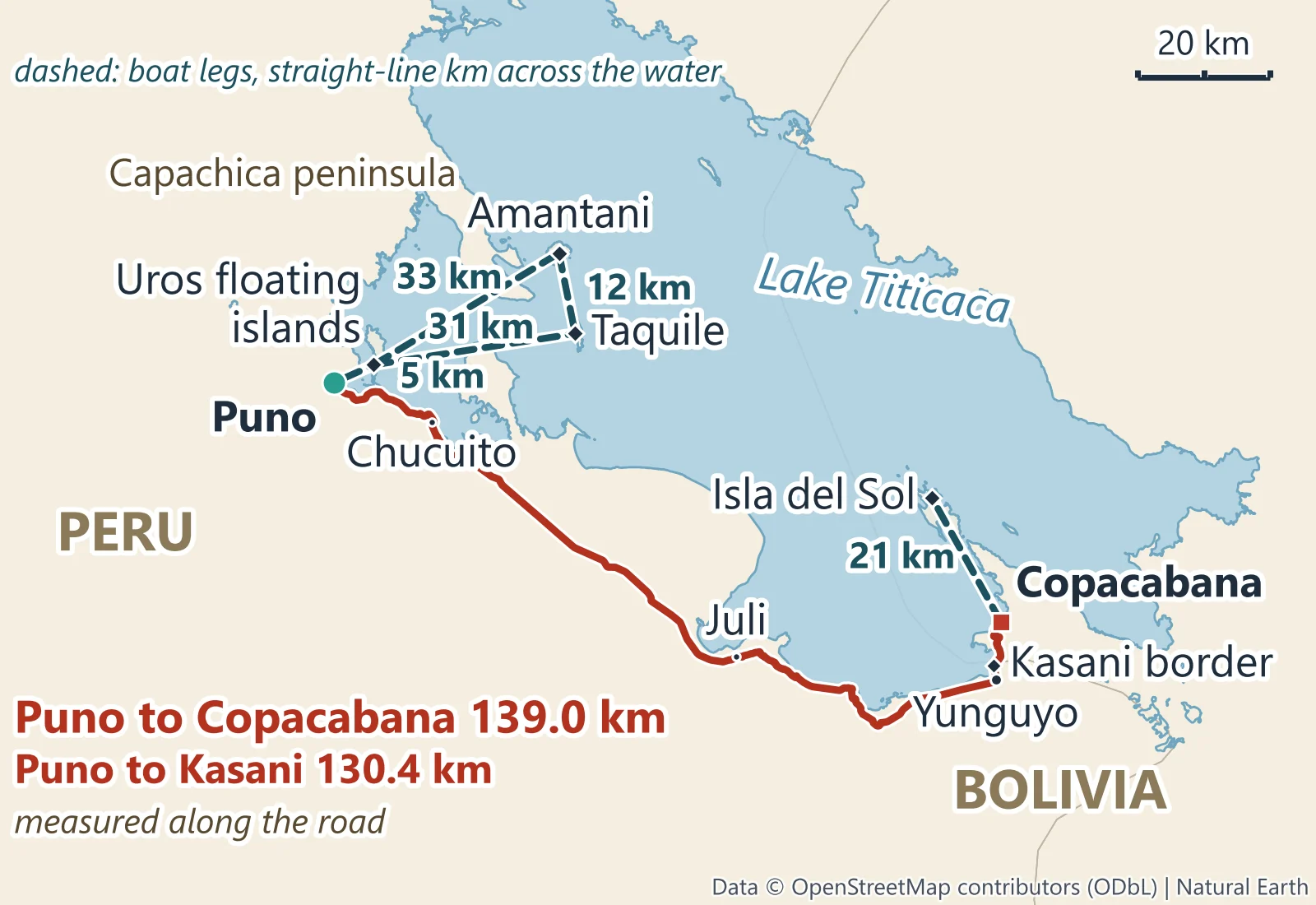 Map of the Peruvian side of Lake Titicaca with Puno, the Uros floating islands in Puno bay, Taquile and Amantani, and the road along the shore to the Bolivian border at Kasani and Copacabana