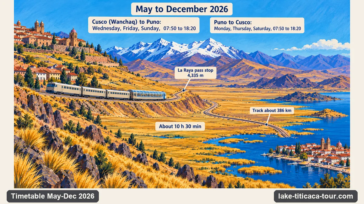 Infographic: the PeruRail Titicaca train from Cusco to Puno, 07:50 to 18:20 on Wednesday, Friday and Sunday, about 386 km of track over the La Raya pass at 4,335 m