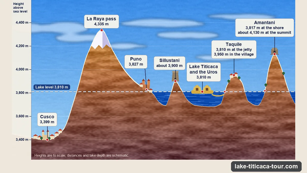 Infographic: altitude profile of the Lake Titicaca trip from Cusco at 3,399 m over the La Raya pass at 4,335 m to Puno at 3,827 m, the lake at 3,810 m, Taquile village at 3,950 m and Amantani's summit at about 4,130 m