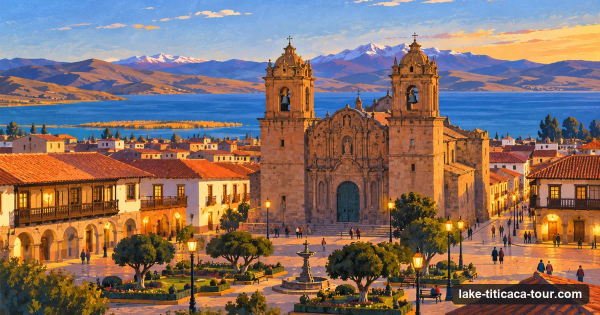Illustration of Puno's Plaza de Armas at dusk with the cathedral, colonial balconies and the lake beyond the rooftops